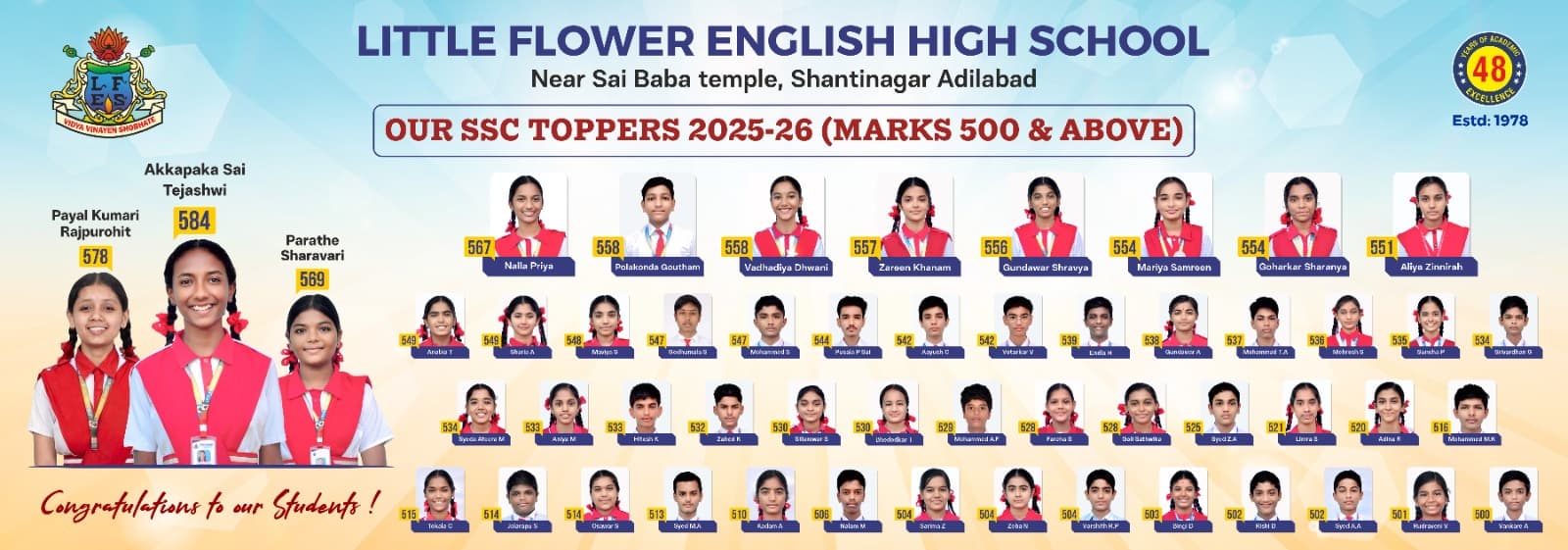 Complete list of Little Flower English High School SSC toppers, marks 500 & above
